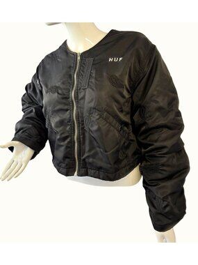 HUF Cropped Bomber Jacket Womens S Black Full Zip Orange Lining Streetwear Skate